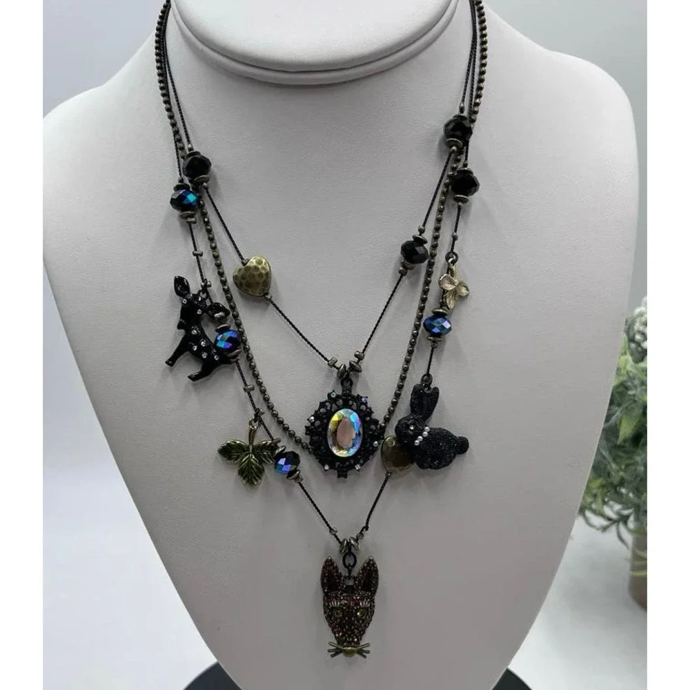 Betsey Johnson Dark‎ Forest Triple Strand Gunmetal Necklace Fox Rabbit Charms
